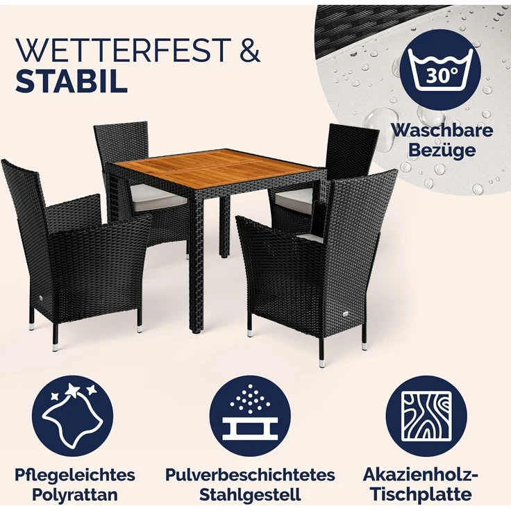 Casaria Garten-Essgruppe, (5-tlg), Polyrattan 4 Personen Auflagen Stühle Stapelbar Akazie Holz Wetterfest – Bild 3