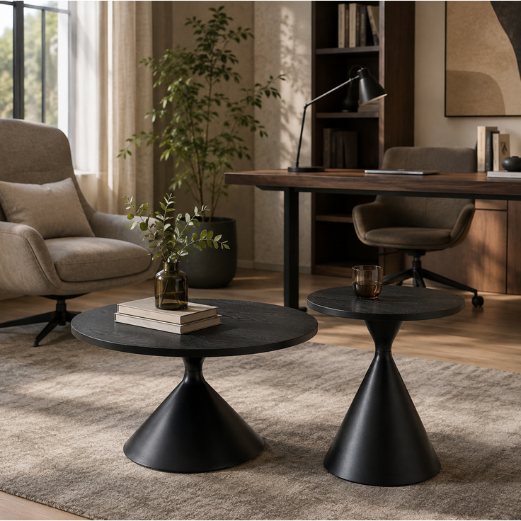 Couchtisch-Set, 2-teilig, Ø 70x40 cm und Ø 50x55 cm – runde Tische in schwarzer Holzoptik