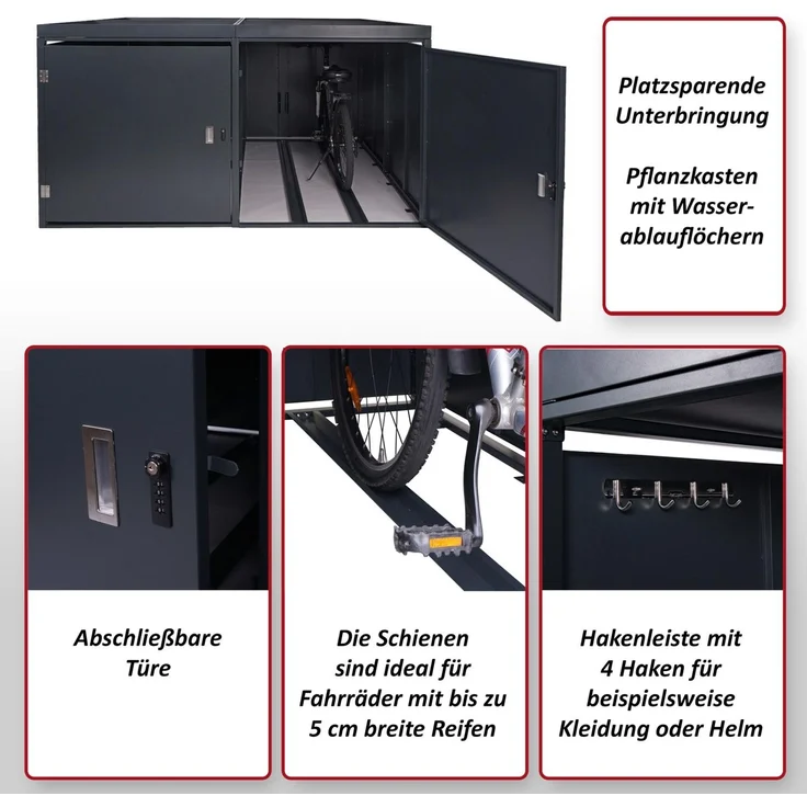 Mendler 'HWC-L56b' 4er-Fahrradgarage mit Pflanzkasten, verzinkter Stahl Anthrazit, 126 x 220 x 210cm – Bild 2