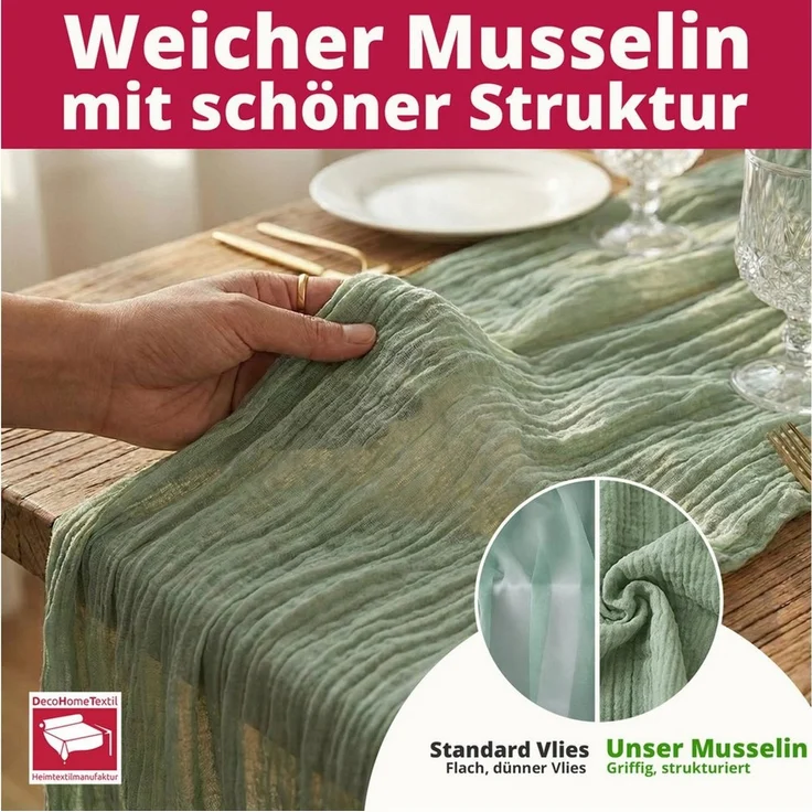 DecoHomeTextil Heimtextilmanufaktur Tischläufer Musselin Tischläufer 80 x 300 cm Weicher Gaze Stoff mit Faltenoptik (1-tlg) – Bild 3