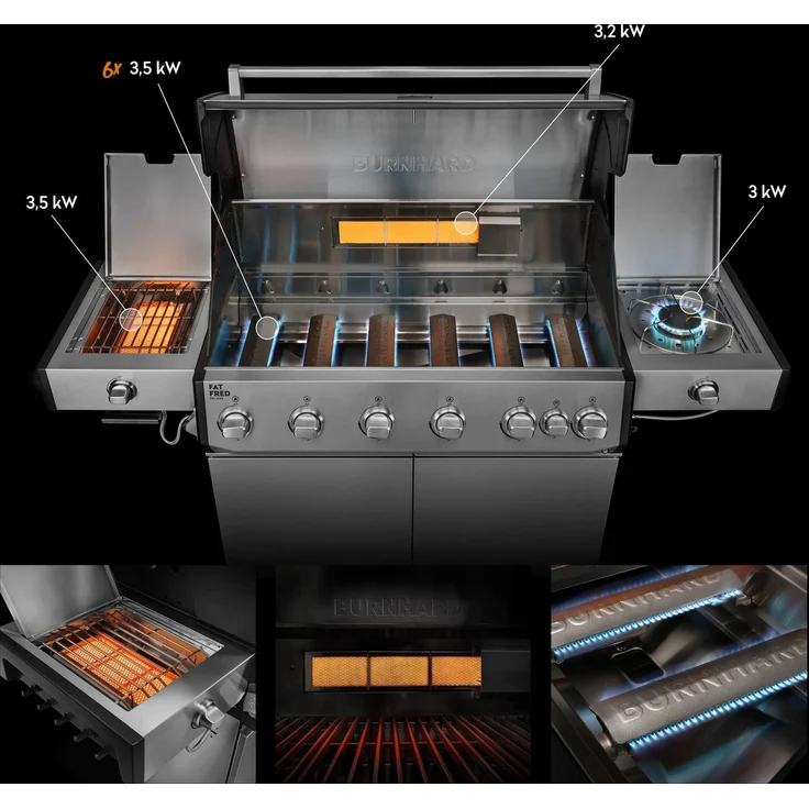 BURNHARD® Gasgrill 6-Brenner, 6x Longlife Premium-Gussbrenner, 900°C Infrarot-Keramikbrenner, Seitenkochfeld, Heckbrenner, Piezo-Zündung, Edelstahlrost – Fat FRED Deluxe+, Silber – Bild 2