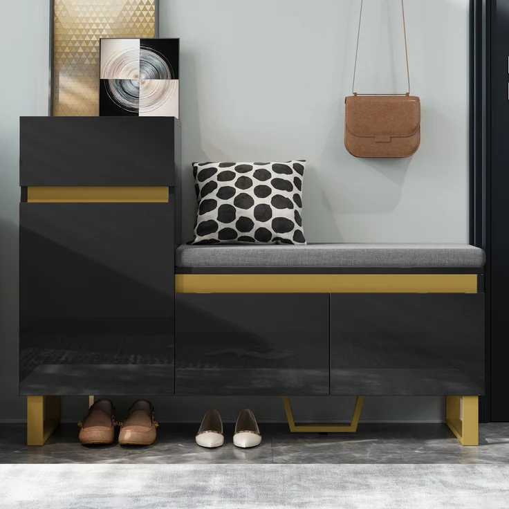 Schuhschrank aus MDF mit Sitzkissen & Schublade, 120x35x85 cm, Schwarz – Bild 5