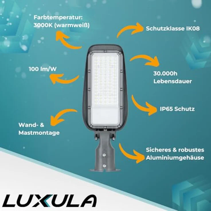 LUXULA LED Straßenlaterne 50W, 3000K Warmweiß, IP65, wetterfest, grau, für Mast- oder Wandmontage, ideal für Hof, Parkplatz und Wege – Bild 3