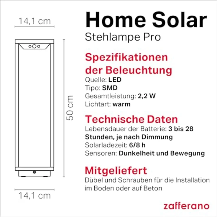 Zafferano, Home Solar Lampe, Kabellose Stehleuchte mit Solarpanel und Bewegungssensor, für den Außenbereich Geeignet, Dimmer, 3000 K, Höhe 50 cm, Farbe Dunkelgrau – Bild 5
