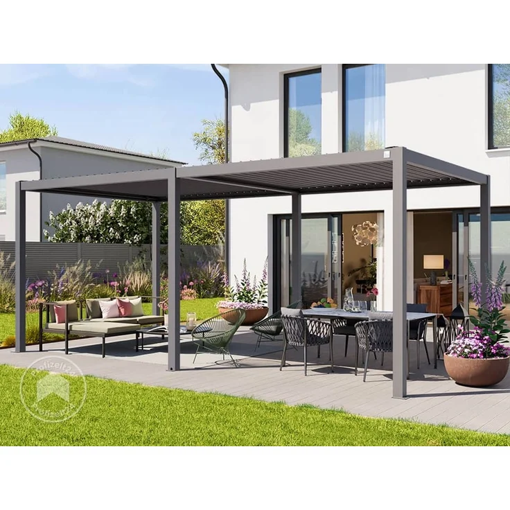 PRIMEYARD Pergola 3x6 m Aluminium-Pfosten mit Lamellendach aus Stahl graue Terrassenüberdachung – Bild 1