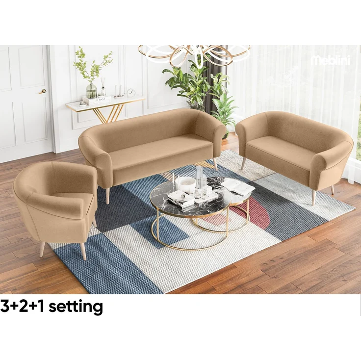 MEBLINI Mini Sofa Set 3-2-1 für Wohnzimmer - Mini Lounge für sechs Personen - Küchensofa - Sofa Klein - Sitzgarnitur - Polstergarnitur - Sofagarnituren - EMILIA - 3+2+1 - Beige Samt – Bild 2