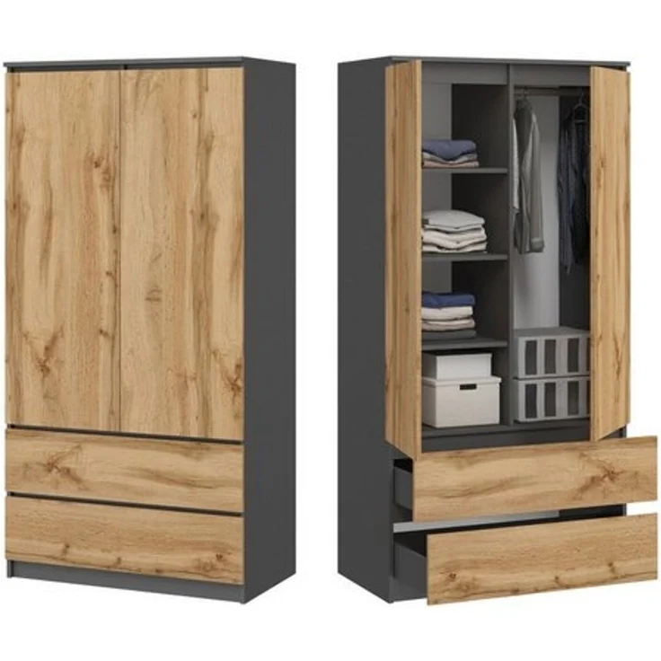 Home Collective Kleiderschrank Schrank 90cm breit mit 2 Schubladen, 3 Einlegeböden und Kleiderstange (Haushaltsschrank Schrank Organizer erweiterbar auf 235cm Höhe für Schlafzimmer Flur Keller Büro) 180cm hoch mit 7 Fächern aus Holz in Anthrazit / Eiche – Bild 4