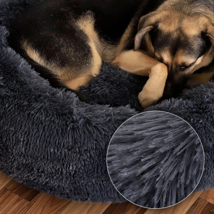 lionto Donut Hundebett, rundes Hundesofa mit Plüschbezug & Anti-Rutsch-Noppen, weich & gemütlich, 70 cm Durchmesser, dunkelgrau – Bild 4
