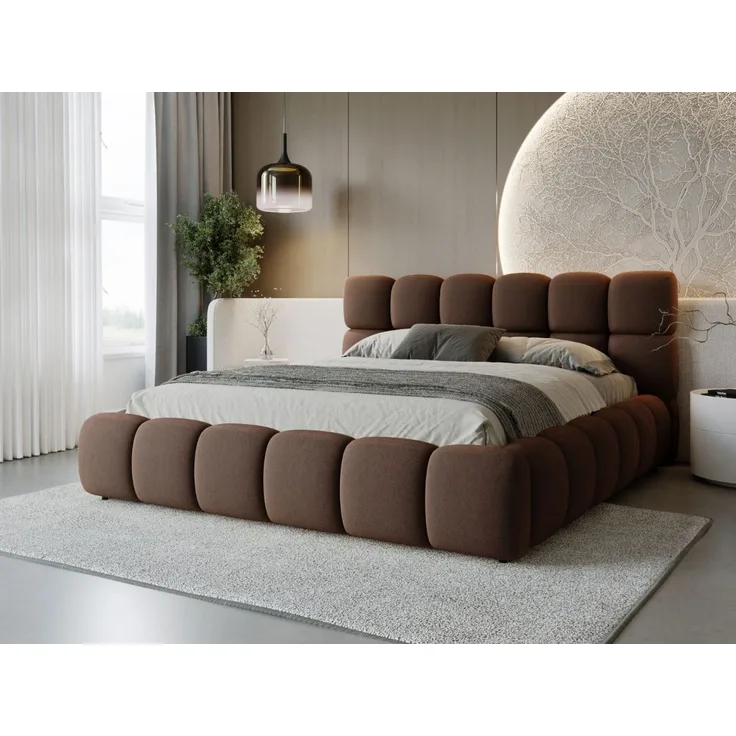 GRAINGOLD Modo Polsterbett 140x200, Doppelbett mit Kopfteil, groß Stauraum, Velour-Stoff, Braun