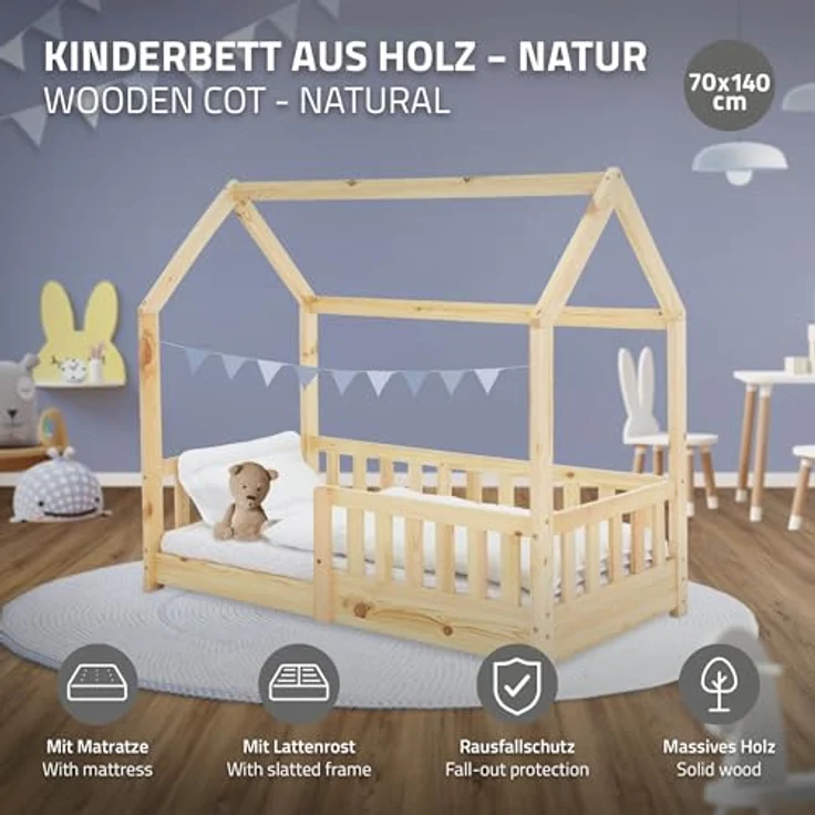 ML-DESIGN Kinderbett Hausbett Spielbett inkl. Lattenrost kreativ Bodenbett für Kinder, Abenteuerbett mit Rausfallschutz Spielbett Kiefer Natur Himmelbett – Bild 4