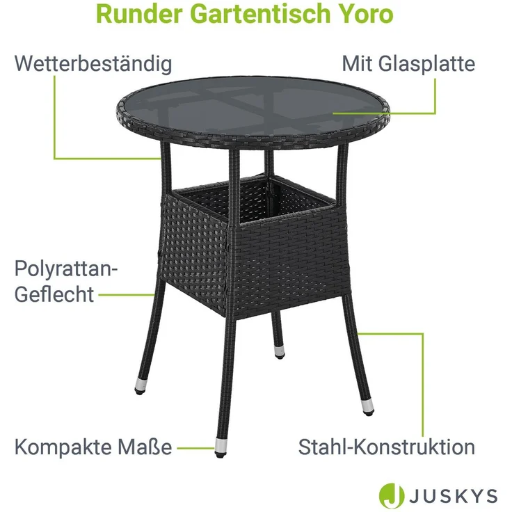 Juskys Polyrattan Gartentisch Yoro wetterfest - Balkontisch Ø 60 cm rund - Rattan Beistelltisch mit Glasplatte - kleiner Tisch für Balkon - Schwarz – Bild 2