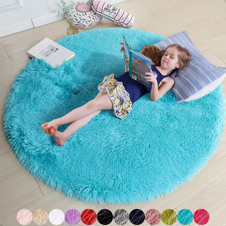 Blaue, weiche, runde Teppiche, 122 cm für Kinderzimmer, waschbar, flauschig, Kreisbereich, Teppiche für Teenager, Mädchen, Jungen, niedliche Spielzimmer-Dekoration, ästhetisch, flauschiger