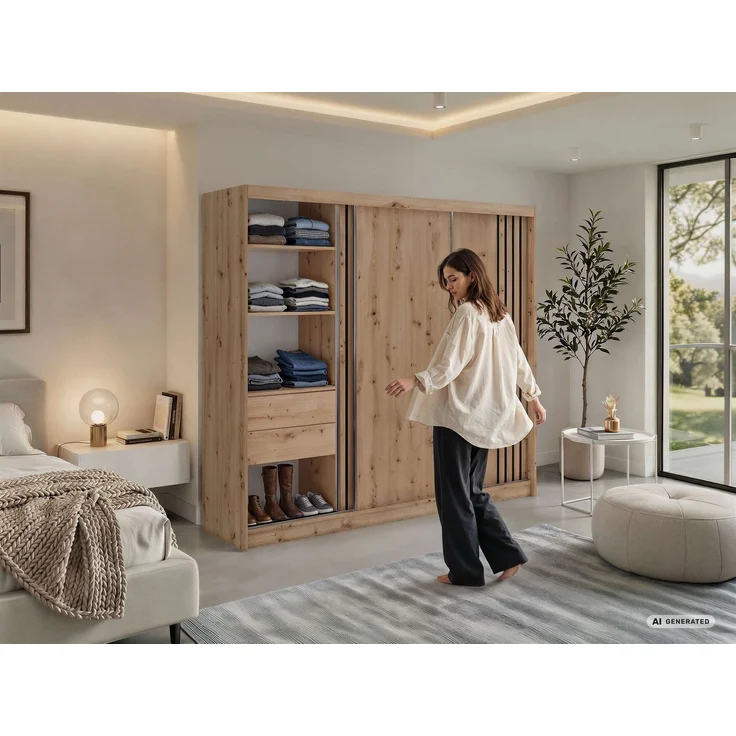 Schwebetürenschrank NAURU mit Lamellen-Optik, moderner Kleiderschrank, Breite 240 cm, inkl. Innenausstattung & Stauraum, Akustikpaneel-Design - Eiche Artisan und Schwarz - mit Schubladen – Bild 2