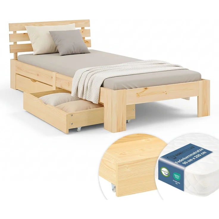 Holzbett 90x200 mit Federkernmatratze 2 Bettkästen Bett Natur Holzbett Bettgestell Futonbett Jugendbett Einzelbett – Bild 1