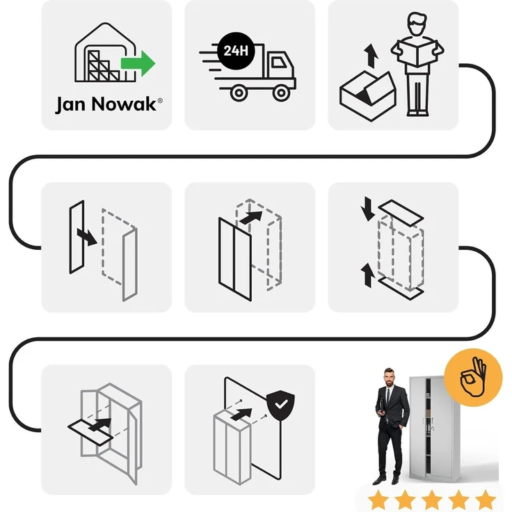 Jan Nowak Metall Spind Kompakt Mit Tür Und Schloss 4 Höhenverstellbare Einlegeböden Robuste Stahlkonstruktion Höhe 1750 mm Tiefe 400 mm Farbe Grau Kompatibel Mit Aufsatz Compact – Bild 10
