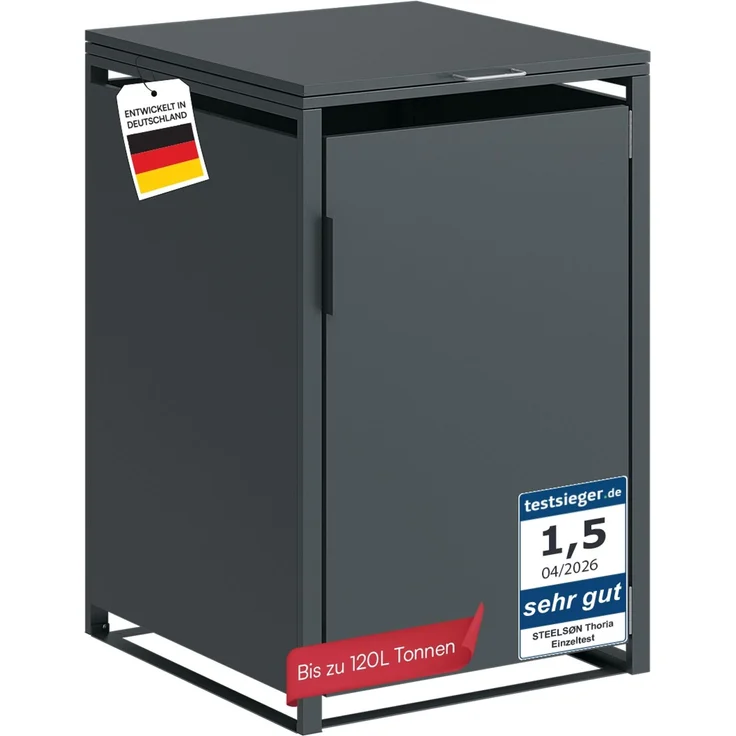 STEELSØN 'Thoria' Mülltonnenbox 1er je 120 Liter, anthrazit, Mülltonnenverkleidung aus Stahl, wetterfest, 102x62x60,5 cm, Müllbox für 1 Tonne – Bild 1