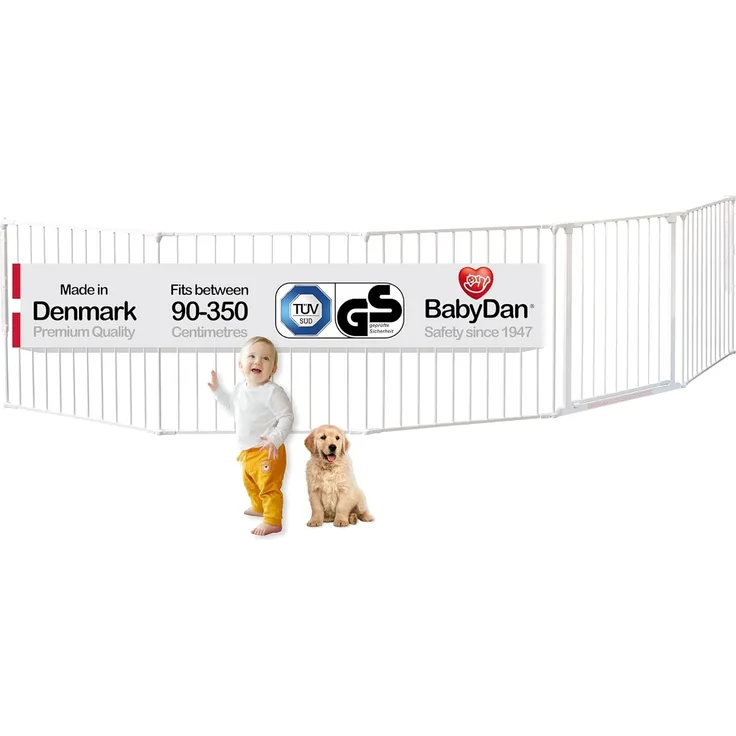 Baby Dan Kaminschutzgitter/Raumteiler Flex XXL 90 - 350 cm, weiß - Hergestellt in Dänemark + TÜV/GS geprüft