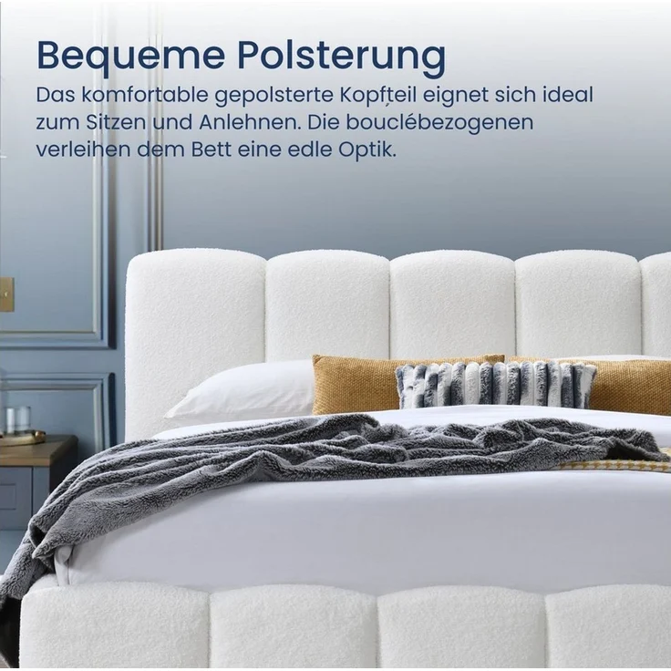 Home Collective Polsterbett Doppelbett Bettgestell mit Lattenrost weicher Bezug (Doppelbett mit gepolstertem Kopfteil, robustes Gestell, hoher Liegekomfort), weiche Steppung im Bouclé-Look, Creme, 180x200 cm – Bild 3
