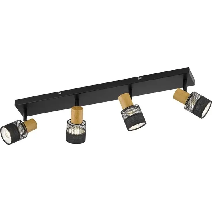 Deckenleuchte schwarz, Holzoptik, bewegliche Spots, L 65 cm