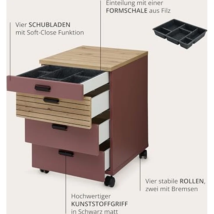 Stella Trading Glenn Rollcontainer Schreibtisch in Rusty Red, Artisan Eiche Optik - Mobiler Büroschrank mit Schubladen - 45 x 66 x 55 cm (B/H/T) – Bild 7
