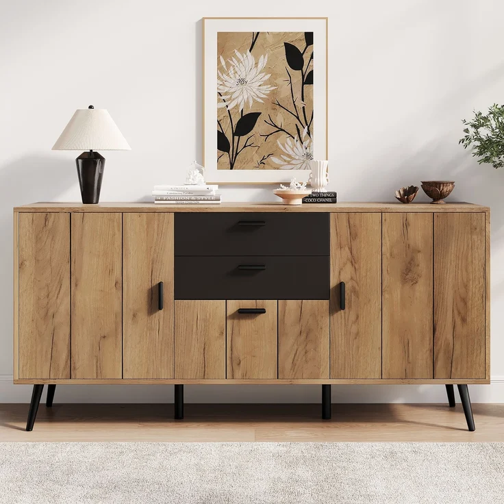 Merax Kommode, Sideboard, Mit Großer Arbeitsplatte, 2 Schubladen, 3 Türen, Beistellschrank Fur Wohnzimmer Esszimmer Küche, Schwarz+Holzfarbe – Bild 1