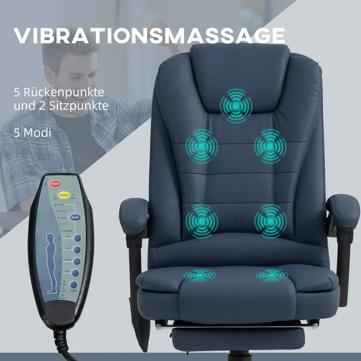 MELAYR, Massage-Bürostuhl, 7 Vibrationspunkte, verstellbare Fußstütze & Lehne, bis 120 kg, 67 x 67 x 121 cm, Blau – Bild 6