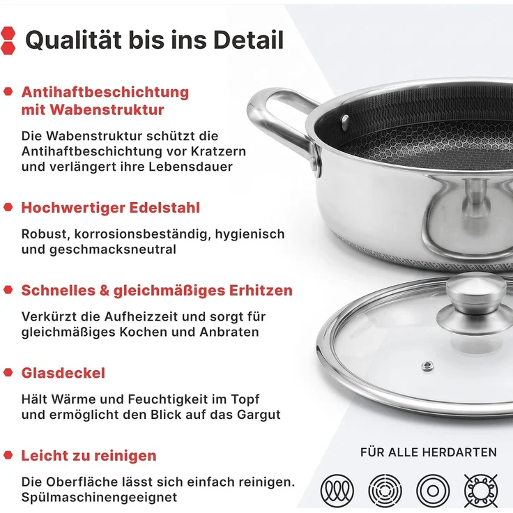 Schmortopf 24 cm aus Edelstahl mit Glasdeckel Antihaft - Wabenstruktur Bräter – Bild 5
