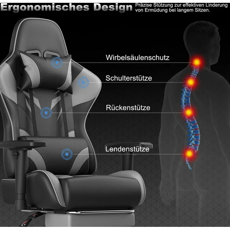 HOMALL Gaming-Stuhl Massage Gaming Stuhl mit Fußstütze 90-135° Rückenlehne einstellbar (Bürostuhl Ergonomisch,Verstellbarem Lenden- & Kopfkissen,mit Fußstütze), Ergonomischer Bürostuhl,Kopfstütze und Lendenstütze – Bild 4