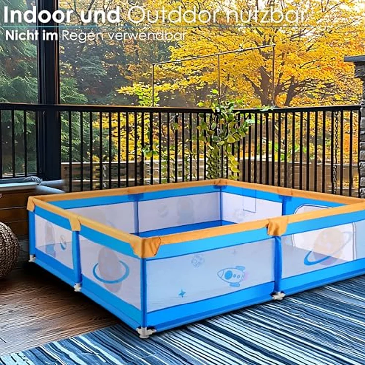 Ecosa Laufgitter, Teddybären-Raumschiff-Design, Blau, Kunststoff, Rechteckig, 180x68x200 cm, CE, mit Einstiegstür und Hängetasche für Spielzeug – Bild 4