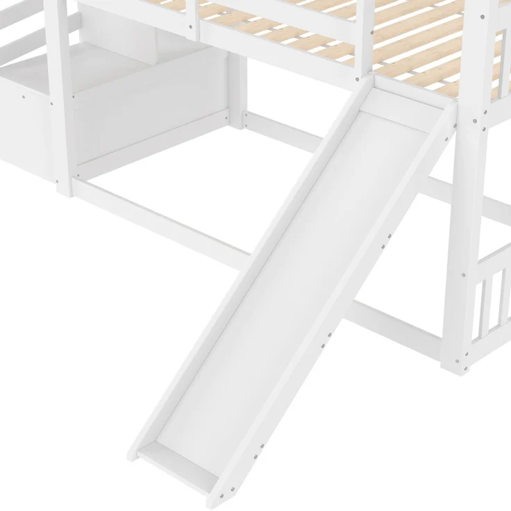 CHICFURN Etagenbett aus Kiefernholz und MDF Weiß 90x200 cm mit Stauraumtreppe und Rutsche – Bild 4