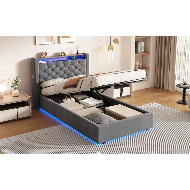 MODFU Polsterbett mit Bettkasten, Holland-Velours, LED, USB/Type-C und Ablage im Kopfteil, 90x200 cm – Bild 10