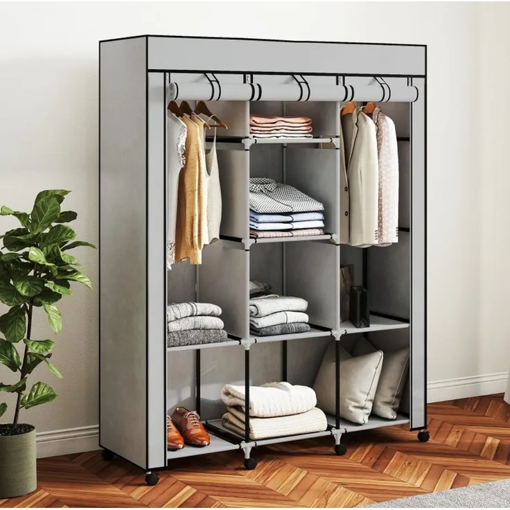 Stoffschrank 125x43x162,5 cm mit 8 Regalen und 2 Kleiderstangen – hellgrauer Faltschrank