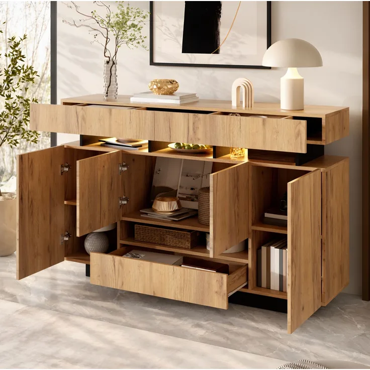 Sideboard 140 x 35 x 90 cm mit 4 Türen, 3 Schubladen und RGB-Beleuchtung – Natur/Schwarz