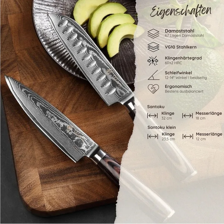 Wakoli Messer-Set EDIB Essentials 2er Damastmesser-Set I Küchenmesser I 12/13cm Klingen (Damastmesser mit Geschenkbox, 2-tlg, 2er Damastmesser-Set), VG10 Kern, 67 Lagen Damaststahl, Pakkaholzgriff, inkl. Geschenkbox