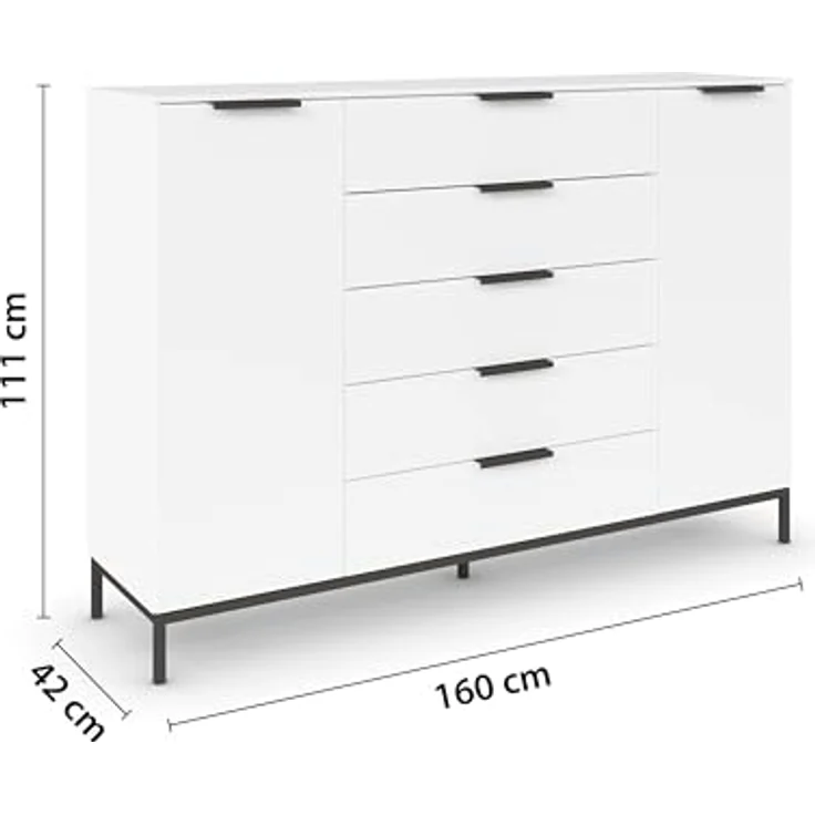 Rauch Möbel Flipp, Kombikommode, Kommode mit Stauraum für Wohnzimmer, Schlafzimmer, Flur, 4 Fachböden, mit Metallkufe graphit, Alpinweiß, 2-türig, 5 Schubkästen, Griffe graphit, 160 x 111 x 42 cm – Bild 4