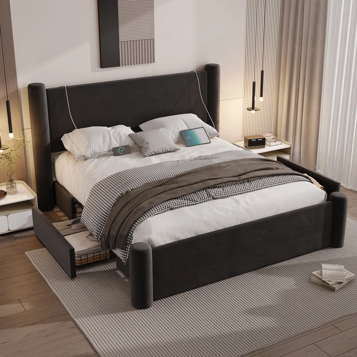 LVHOM Polsterbett 140x200cm Bettgestell, Doppelbett/Stauraumbett/Funktionsbett, Samt, dick gepolstertem Kopfteil, 2 praktischen Stauraumschubladen, integrierten USB-Anschlüssen – Bild 1
