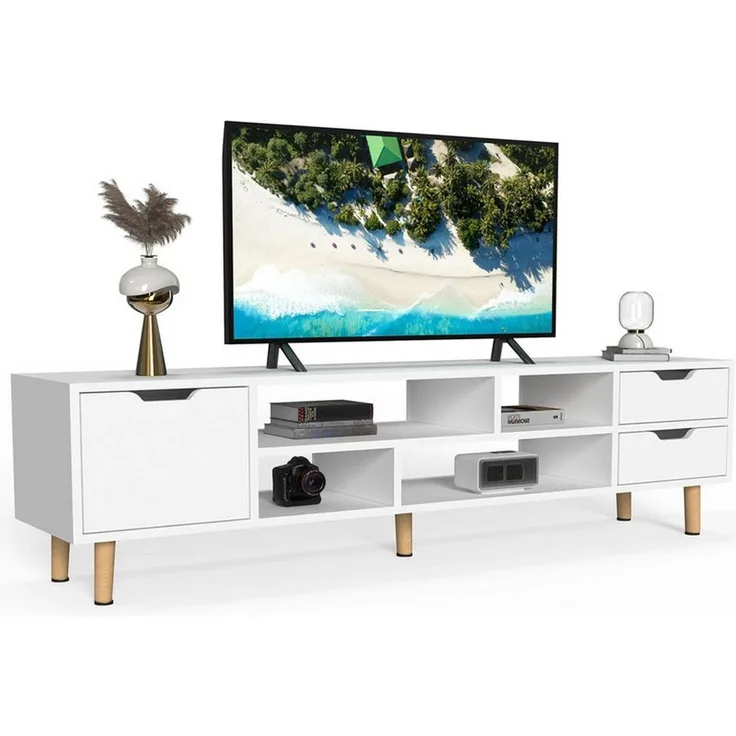 oyajia Lowboard Moderne TV Schrank mit Beinen, grifflose TV-Board Weiß Lowboard 140cm