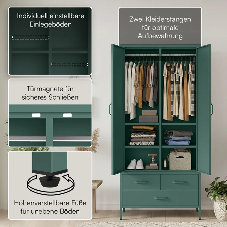skølm 'Atria' Kleiderschrank mit 3 Schubladen, Metall, 170x45x80 cm, dunkelgrün, Garderobe mit 4 Fächern und 2 Kleiderstangen – Bild 3