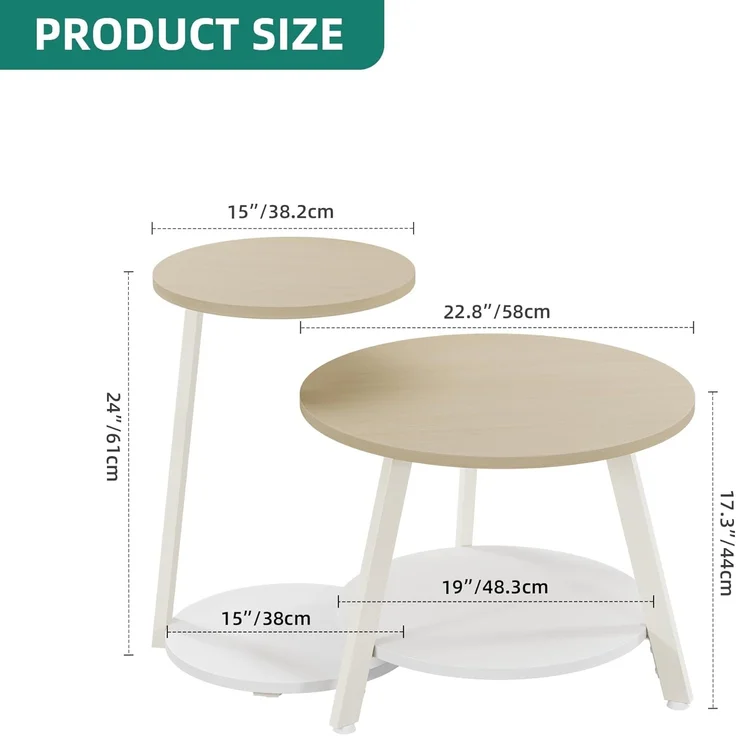 YITAHOME 2er Set Couchtisch Set Rund, Wohnzimmertisch mit Stauraum, Beistelltisch 2er Set Stapelbar mit Holzplatte und Metallrahmen, C-förmiger Beistelltisch, Couch Tisch Wohnzimmer, Eiche – Bild 2