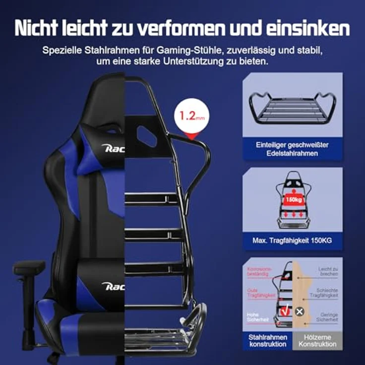 Homimaster Gaming Stuhl, Bürostuhl Ergonomisch mit verstellbare Lendenkissen, Kopfkissen und Armlehnen, Gaming Chair Gepolstert, Gamer Stuhl Wippfunktion, Gaming Stuhl 150 kg Belastbarkeit – Bild 7