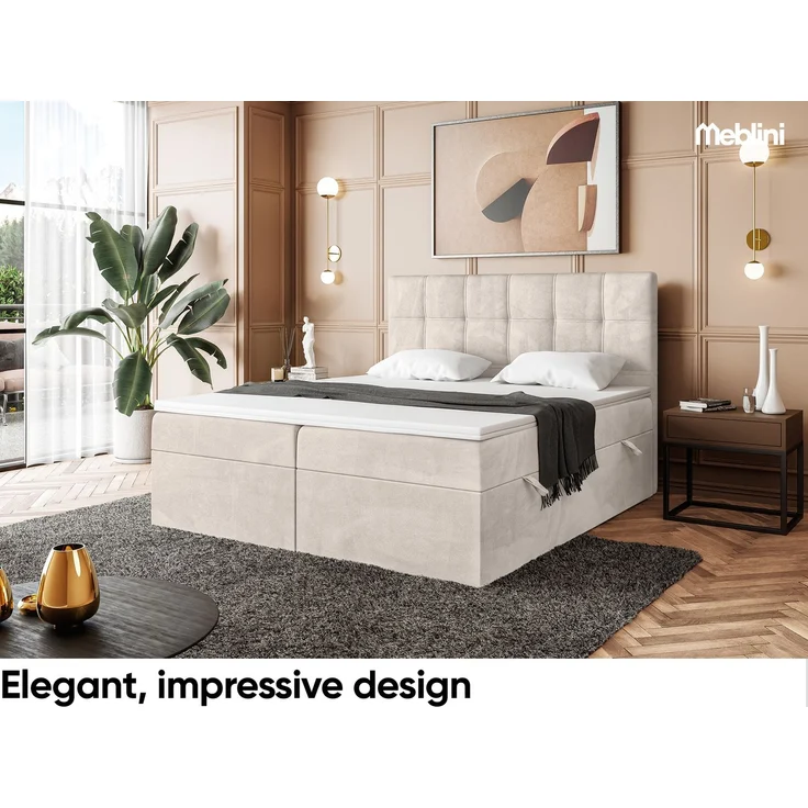 MEBLINI Boxspringbett KAI 160x220cm - H3/Beige Samt - mit Bettkasten - Gepolstert Doppelbett mit Matratze und Topper - Polsterbett mit Stauraum - Bett mit Kopfteil - Stauraumbett – Bild 3