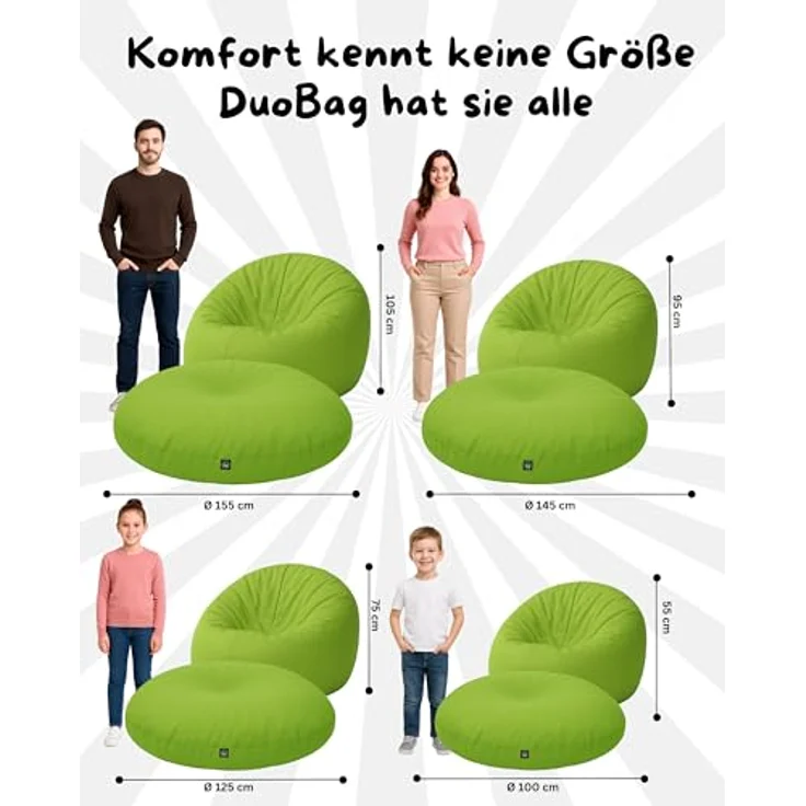 PATCH HOME 2-in-1 Sitzsack Sessel - Gaming Bean Bag mit Reißverschluss - Bereits befüllt, Ergonomisch & Robust für Kinder & Erwachsene - Indoor & Outdoor, Wetterfest (Kiwigrün, 155cm) – Bild 3