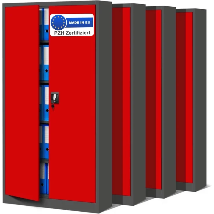 MegaDeal 4x Aktenschrank abschließbar KADO - 5 Ebenen verstellbar, Flügeltüren | Metallschrank Werkstatt Mehrzweckschrank Büroschrank aus Stahl Werkzeugschrank, 185x90x40cm Anthrazit-Rot – Bild 1