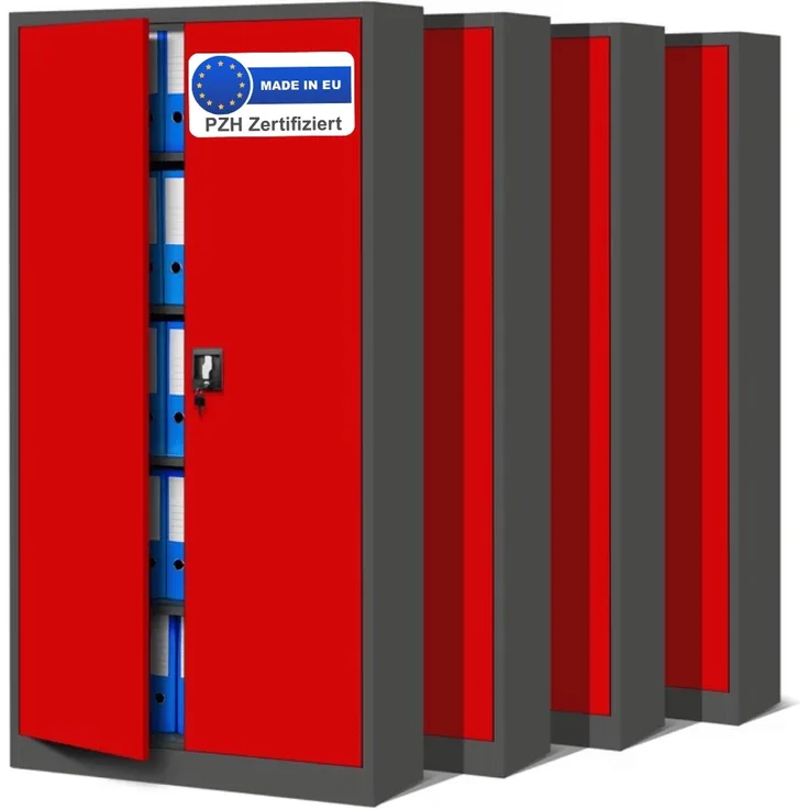 MegaDeal 4x Aktenschrank abschließbar KADO - 5 Ebenen verstellbar, Flügeltüren | Metallschrank Werkstatt Mehrzweckschrank Büroschrank aus Stahl Werkzeugschrank, 185x90x40cm Anthrazit-Rot