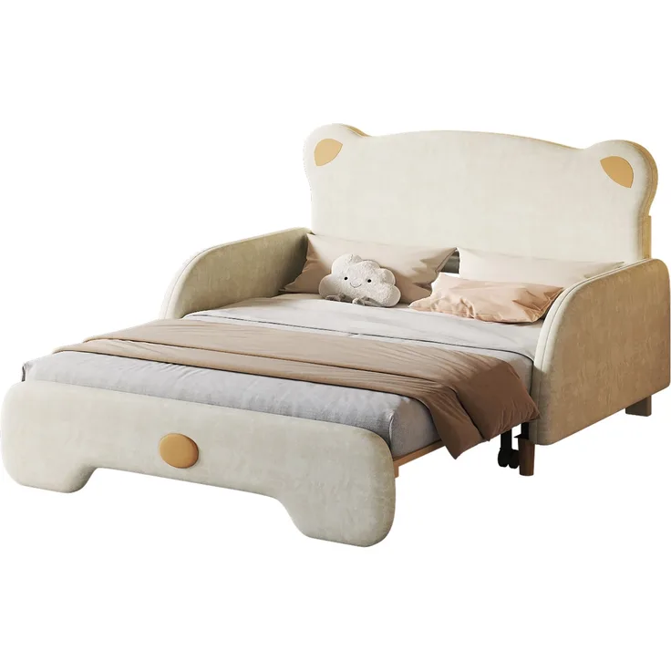 Polsterbett in Bärenform 140x200 cm, Kinderbett und Tagesbett mit Ausziehbett, weichen Schutzkanten und Samtbezug, Beige