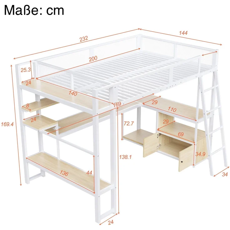 Hochbett mit Eckschreibtisch, LED-Streifen, PC-Ständer, Steckdose, USB, Rausfallschutz, Regal, Schrank, 140x200cm, Kinderbett, Jugendbett, Metallbett – Bild 4