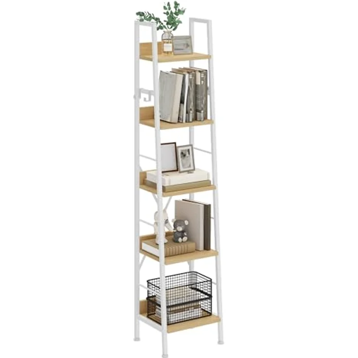 YITAHOME Bücherregal mit 5 Ebenen, industrielles Leiterregal, freistehendes Bücherregale, Holzregale und Metallrahmen, Standregal, modernes Regal für Wohnzimmer, Flur, Büro, Weiß und Eiche – Bild 2
