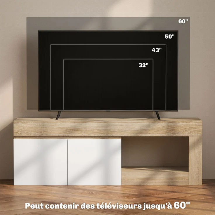 2-türiger TV-Schrank für Fernseher bis zu 60 Zoll, TV-Schrank mit Schrank und offenem Regal, Naturholz-Optik – Bild 9