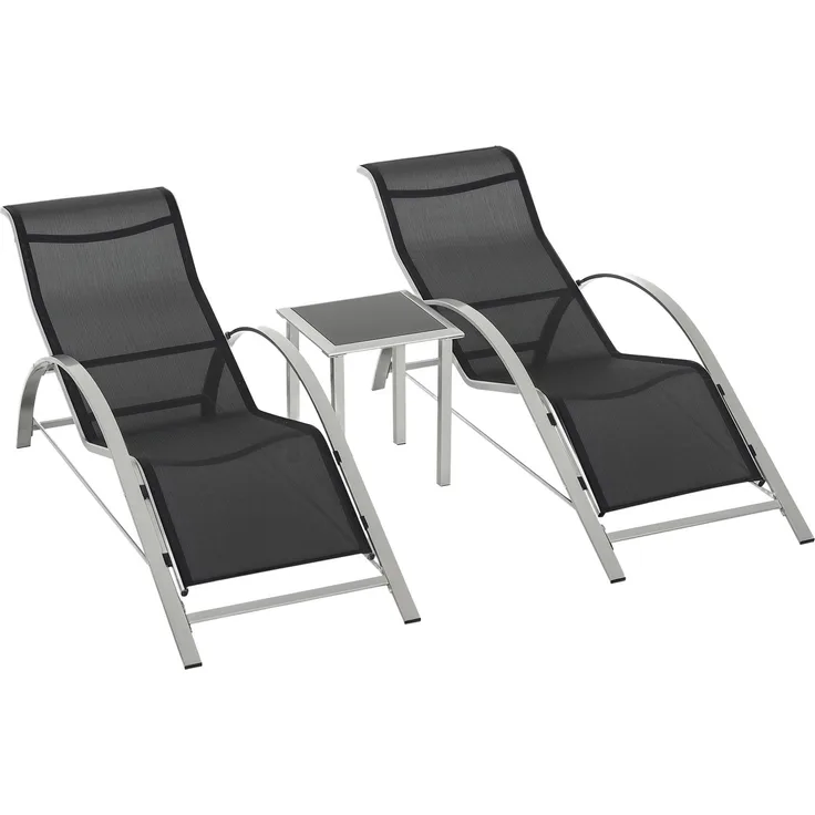 JARDJ Gartenliege Set Metall Mesh 3-TLG Sonnenliege mit Teetisch Gartengarnitur mit 2 Sonnenliegen, 1 Beistelltisch Gartensitzgruppe für Garten, Balkon 59B x 169T x 66H cm Schwarz+Silber