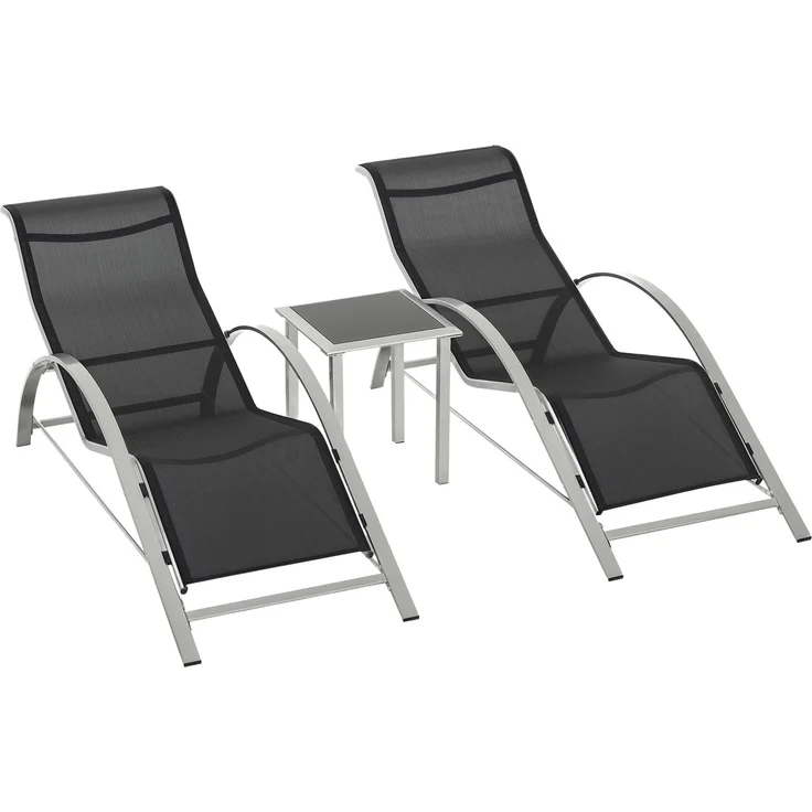 JARDJ Gartenliege Set Metall Mesh 3-TLG Sonnenliege mit Teetisch Gartengarnitur mit 2 Sonnenliegen, 1 Beistelltisch Gartensitzgruppe für Garten, Balkon 59B x 169T x 66H cm Schwarz+Silber – Bild 1